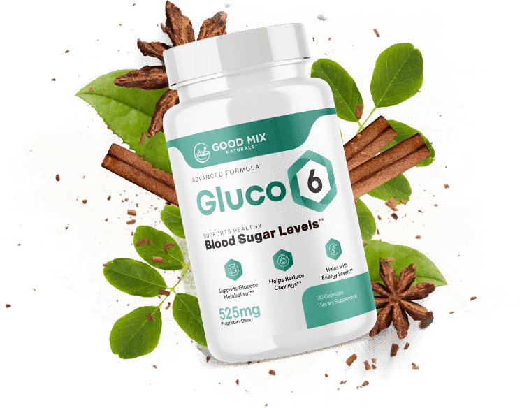 Gluco6 bottle surrounded by cinnamon and botanical ingredients