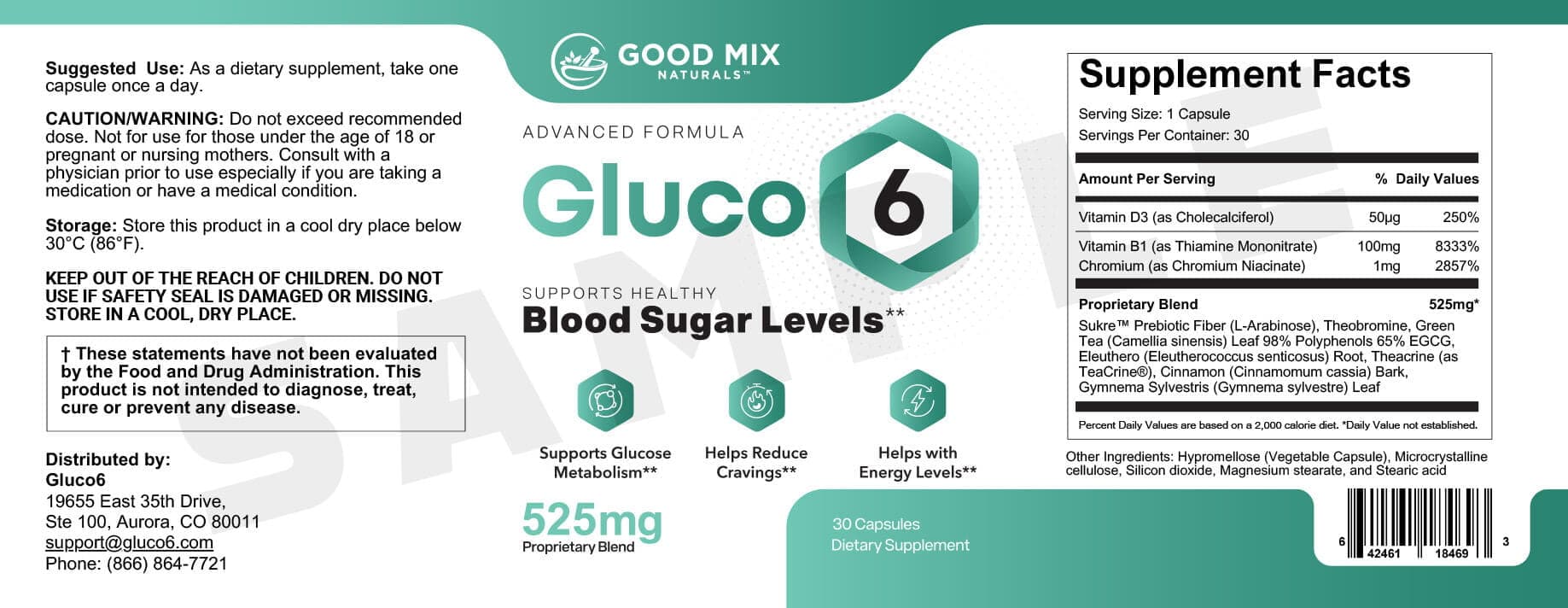 Gluco6 Supplement Facts label showing serving size and full ingredient list